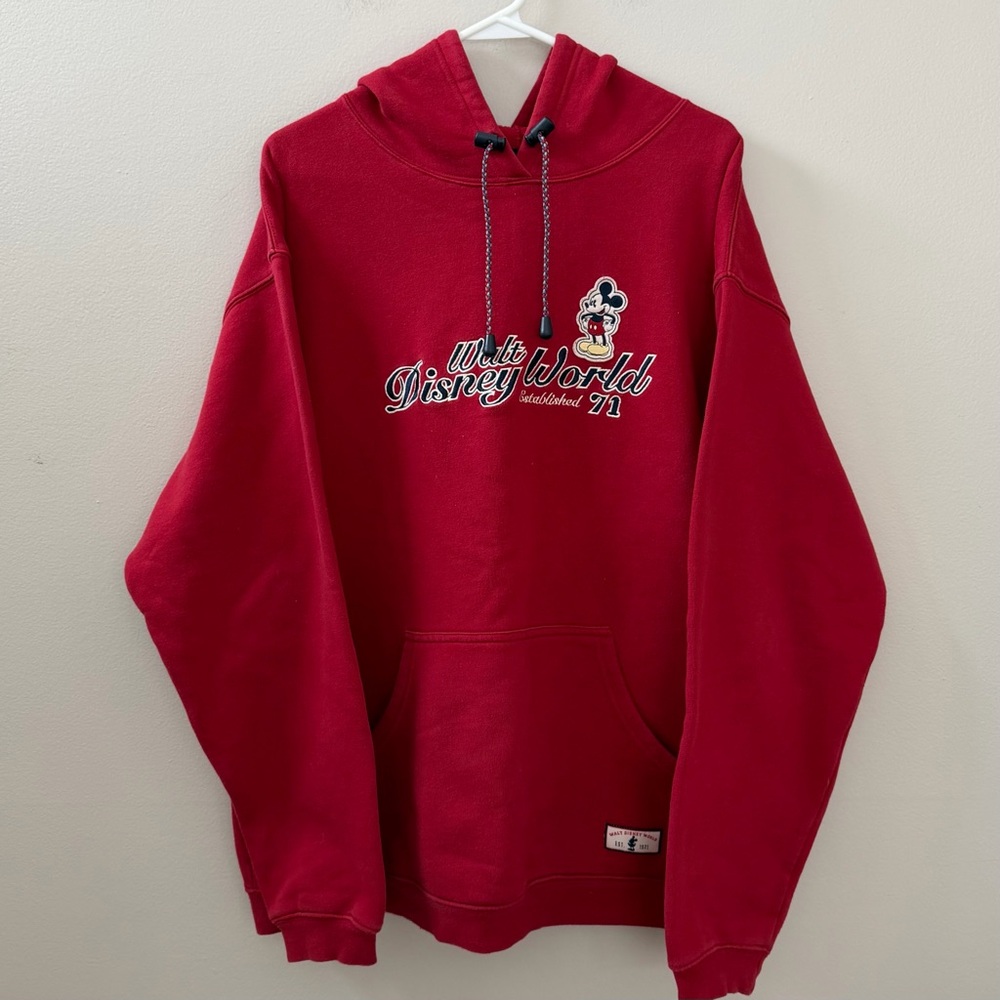 Vintage Disney Red Hoodie with Mickey Embroidery, Sz L